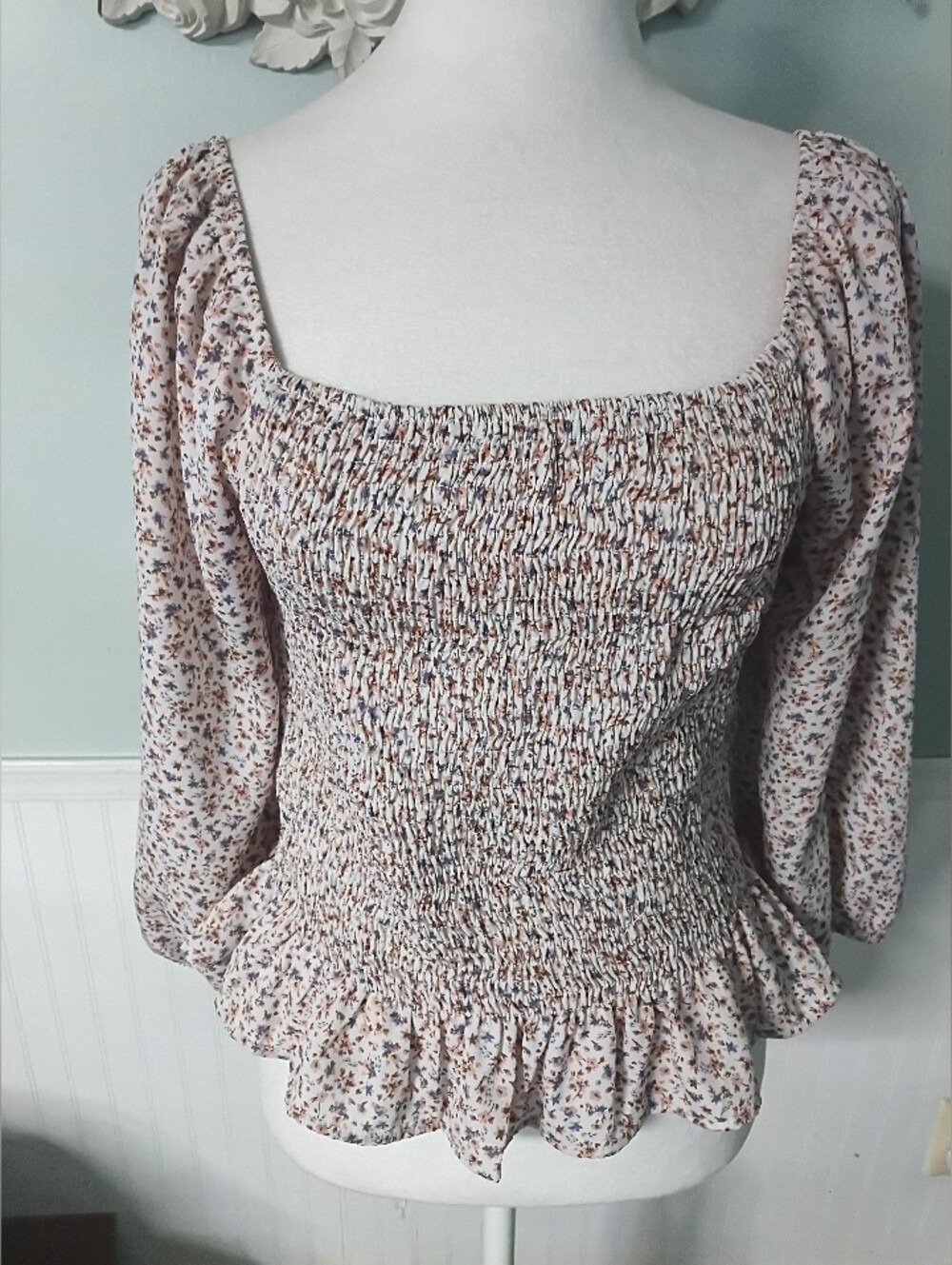 Paper Crane Cream Floral Smocked Square-Neck Blouse with Puff Sleeves